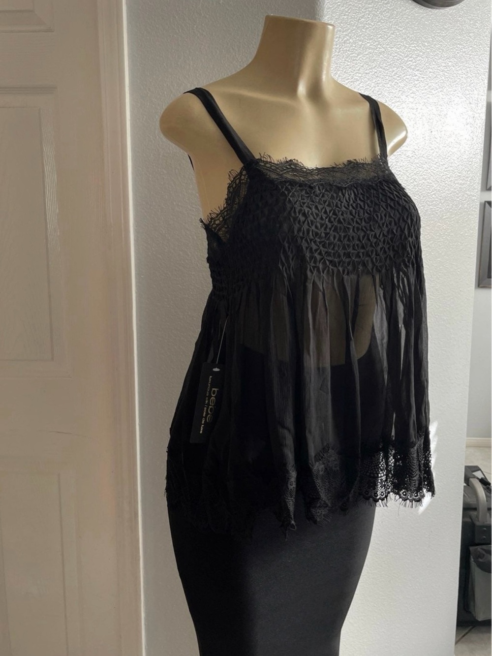 New Bebe size M Sheer Lace-Trim Black Cami Top - Picture 2 of 3